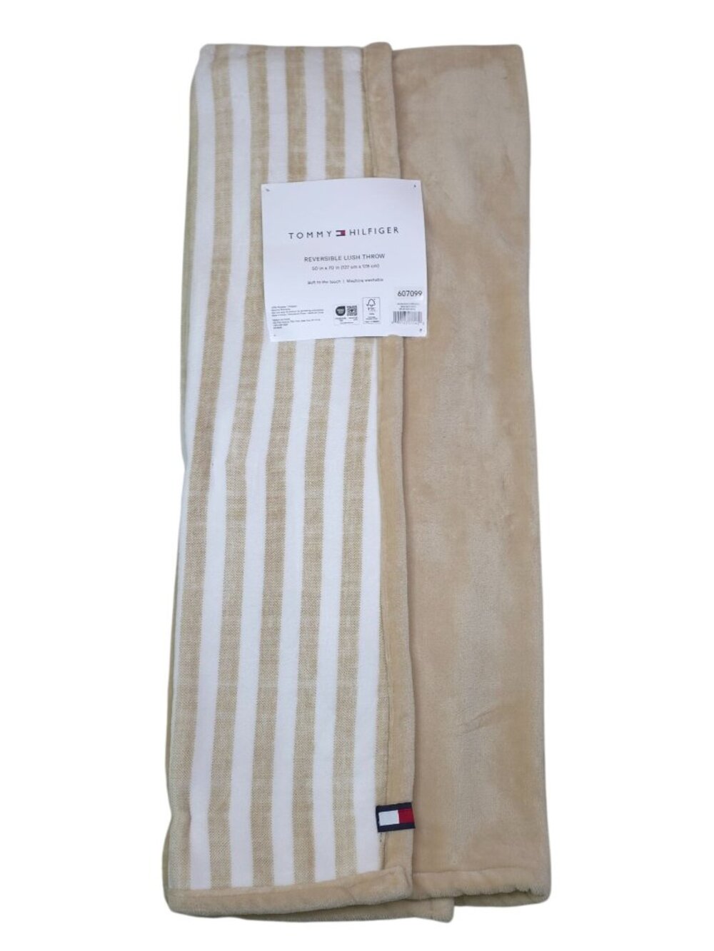 Tommy Hilfiger Reversible Lush Throw 50" X 70" Beige & White Striped or Solid